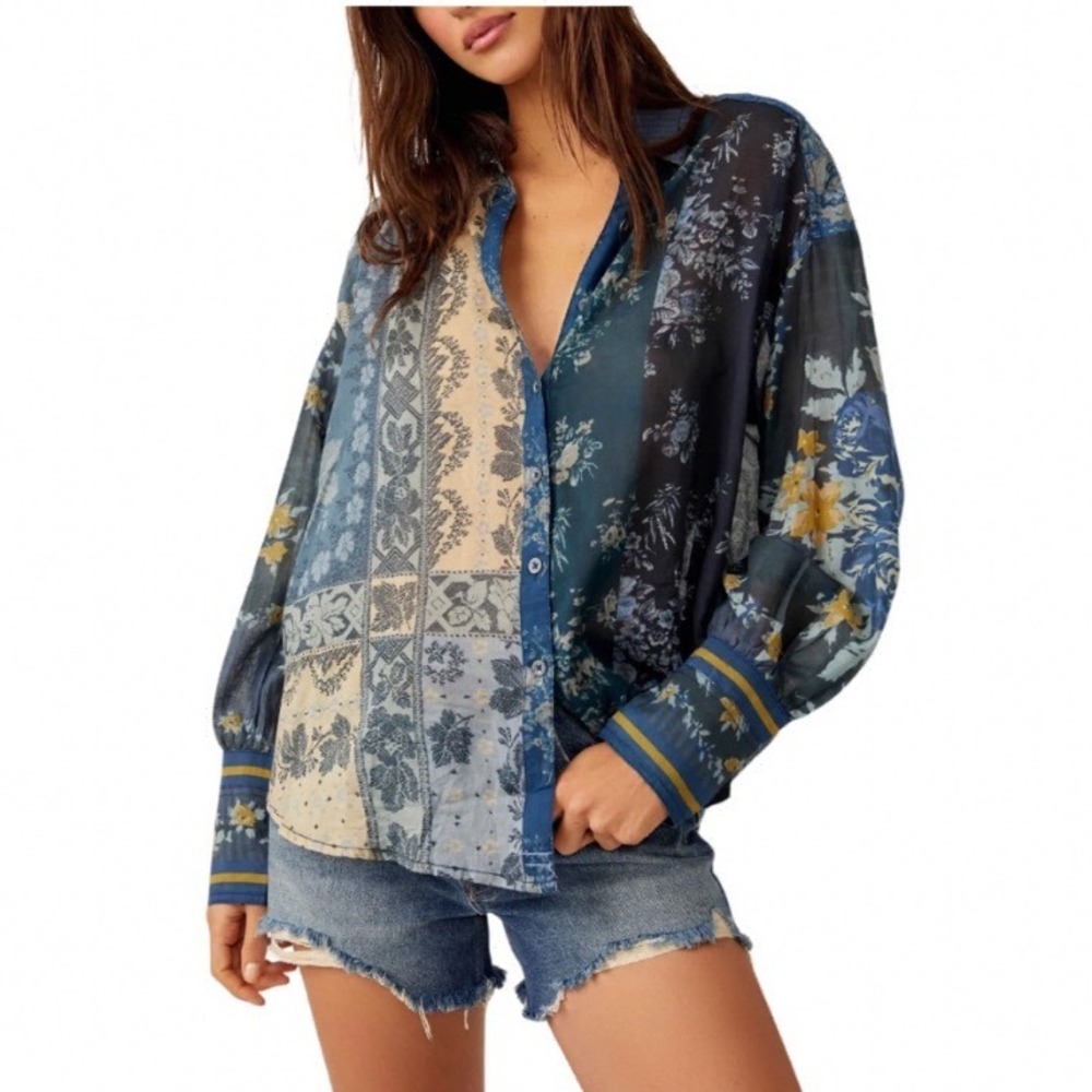 We The Free Free People Indigo Patchwork Floral Button Down Shirt Small NEW